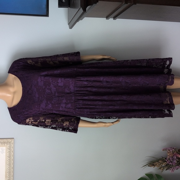 Purple Floral Lace Midi Dress Whimsigoth Dark Romantic Plus Size 20 - Picture 3 of 15